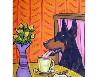 Doberman Pinscher at the coffee shop dog art print on ready to hang gallery wrapped canvas
