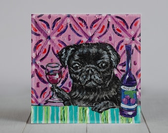 black pug coaster tile at the wine bar dog gift decor animal