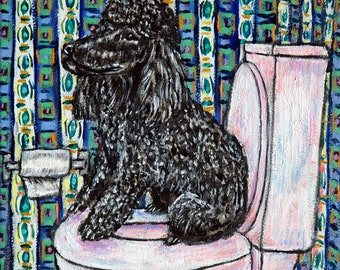 black poodle in the bathroom dog art print - Multiple size option