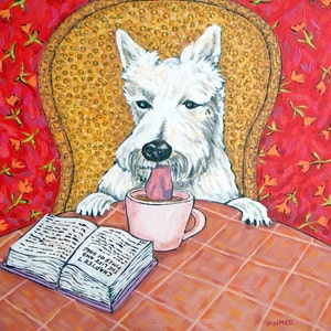 Scottish Terrier att he coffe shop dog art arrtwork tile coaster gift - multiple sizes