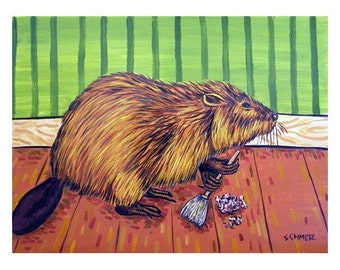 Beaver Spring CLeaning animal art print on canvas with .75 or 1.5 inch stretcher bars - ready to hang