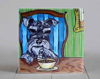 Schnauzer syteeping tea - dog art - tile coaster - animal lover gift