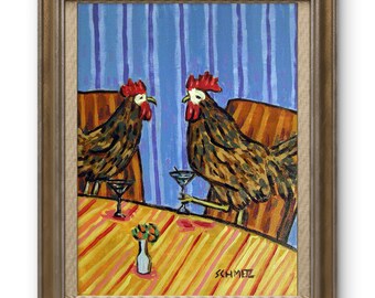 Chicken at the Martini Bar Canvas Print | Quirky Cocktail Wall Art | Fun Bar Cart Decor | Stretched Animal Art Print, Sizes 8x10 to 24x30
