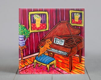 Norfolk Terrier playing piano - dog art - tile coaster - dog lover gift - animal decor