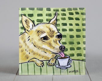 chihuahua at the coffee shop - dog art - tile coaster - gift