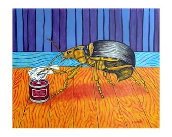 Beetle Opening a Can of Bug Food Insect Art Print - 13x19 - matte or glosssy