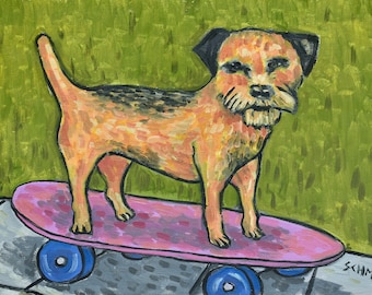 border terrier print - border terrier art, dog art, canvas print wall art, dog decor, skateboarding, dog lover, pet gift, animal decor, art