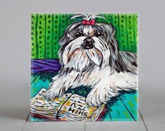 shih tzu reading dog art tile coaster gift decor - birthday gift for her or him