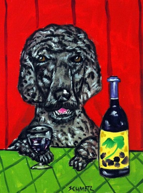 WINE art Poodle dog gift modern folk poster from painting 13x19 JSCHMETZ
