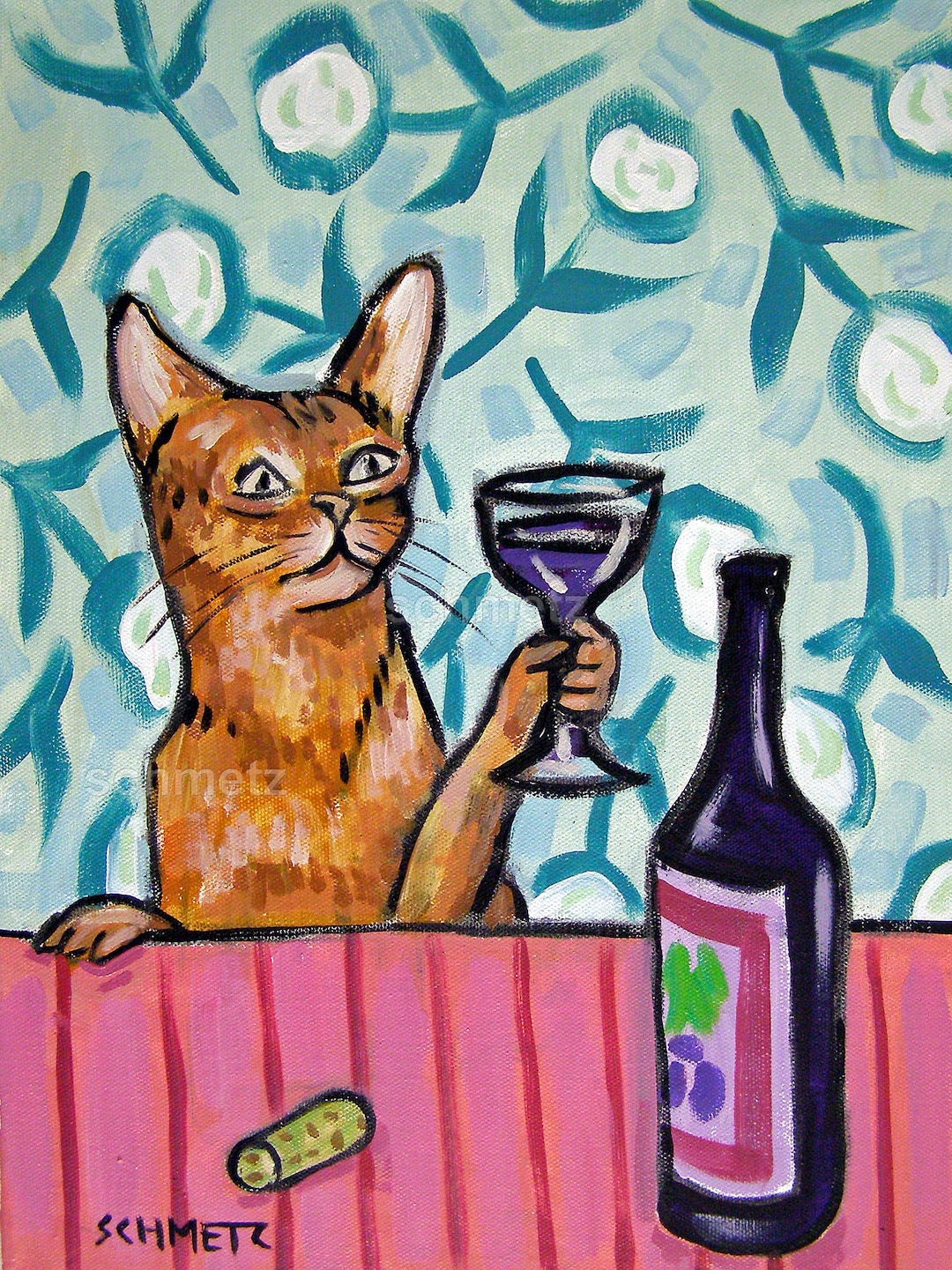 Orange Cat at the Wine Bar - Stretched Canvas or Paper Print