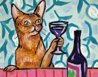 orange cat at the wine bar - stretched canvas or paper print - multiple sizes