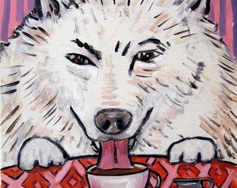samoyed at the coffee shop dog art tile coaster gift - multiple size option