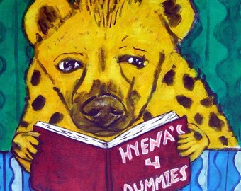 Hyena Reading Animal Art coaster tile - home decor. animal lover gift