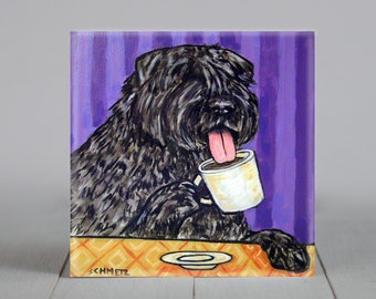 Bouvier Des Flandres at the coffee shop - dog art - tile coaster - animal lover gift