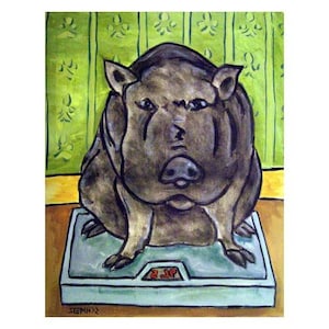 Pot Belly Pig in the Bathroom Animal Art Print - matrte paper or strethced canv as print - multiple sizes