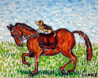 beagle art - beagle horse dressage   art print animals impressionism gift new - beagle gifts