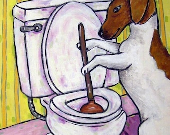 Jack Russell Terrier Plunging the Toilet Dog art tile coaster