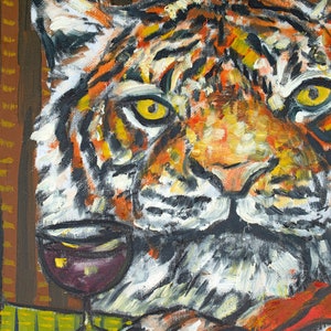 tigre en el bar de vinos animal art print - lienzo estirado o impresión en papel - múltiples tamaños disponibles