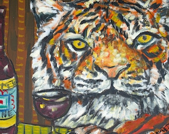 tiger at the wine bar animal art print - stretched canvas or paper print - multiple sizes available