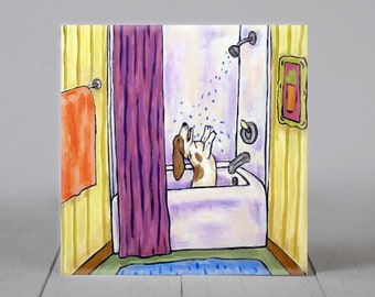 Basset Hound dog taking a shower dog art coaster tile gift - multple sizes