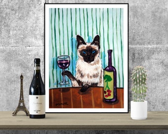 siamese cat art wine canvas orpaper print gift modern Giclee- multiple sizes