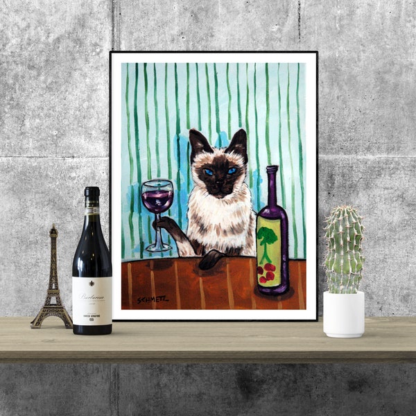 siamese cat art wine canvas orpaper print gift modern Giclee- multiple sizes