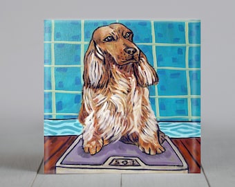 cocker spaniel dog art tile coaster gift decor - dog on a bathroom scale