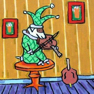 Jack Russell Terrier Jester Playing the Violin Dog Art coaster tile Gift