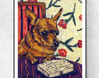 Chihuahua at the library dogart print - canvas or paper print - multiple sizes