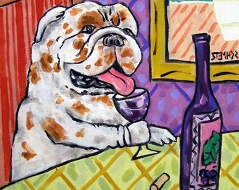 bulldog art - wine bar farmhouse decor - gift for dog lover - matte or glossy print