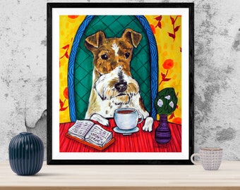 Fox Terrier - coffee art print - cafe decor - restaurant decor - dog art print - fox terrier gifts - archival print - modern folk - colorful