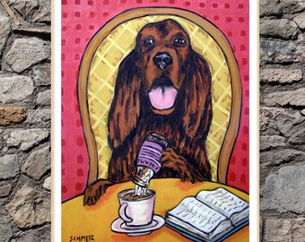 Irish Setter at the coffee shop dog art print - stretched canvas or paper print - multiple sizes available