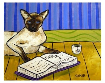 siamese cat reading animal art print - stretched canvas or paper print - multple sizes