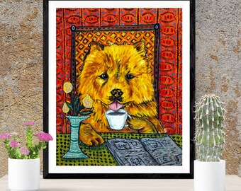 chow chow at the coffee shop dog art print - stretched canvas or paper print - multiple sizes and finishes