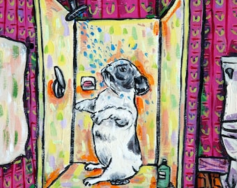 french bulldog taking a bath - dog art - tile coaster - bathroom decor - animal lover gift
