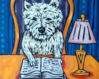 West Highland White Terrier Reading a Book Dog Art coaster tile Gift
