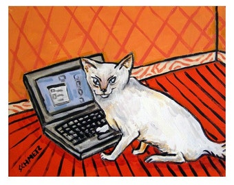 white cat working on a computer art print - stretched canvas or paper print - multiple sizes