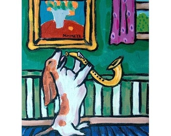 basset hound art print - saxophine player - stretched canvas or paper print multiple sizes available