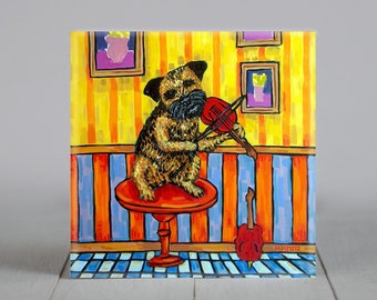 border terrier playing violin - dog art - tile coaster - gift