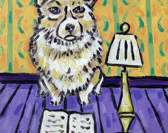 Corgi Reading  Art Print  on ready to hang canvas  - modern home decor