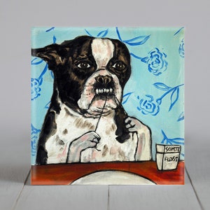 Boston Terrier flossing art tile coaster gift - animal decor - multple sizes