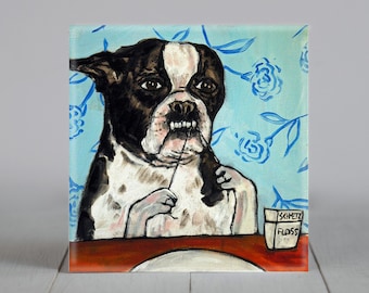 Boston Terrier flossing art tile coaster gift - animal decor - multple sizes