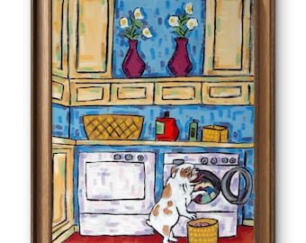May include: A framed painting depicting a kitchen scene with a white and brown dog standing on its hind legs, reaching into an open washing machine. The room features blue walls, yellow cabinets, two magenta vases with white flowers, and a red floor.