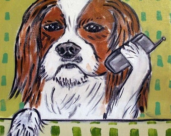 Cavalier King Charles Spaniel Talking on a cell phone Dog art tile coaster