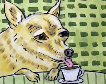 chihuahua at the coffee shop - dog artwork - tile coaster - animal lover gift - cafe home decor