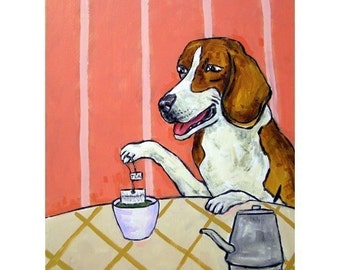 beagle art - Beagle Steeping Green Tea  Dog Art Print - beagle gifts