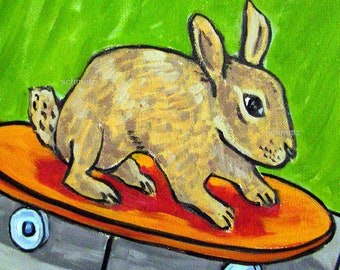 bunny rabbit skateboarding dog art coaster gift tile