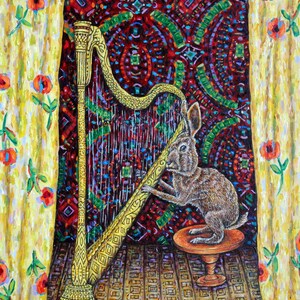 Bunny playing the harp rabbit art artwork decor animal