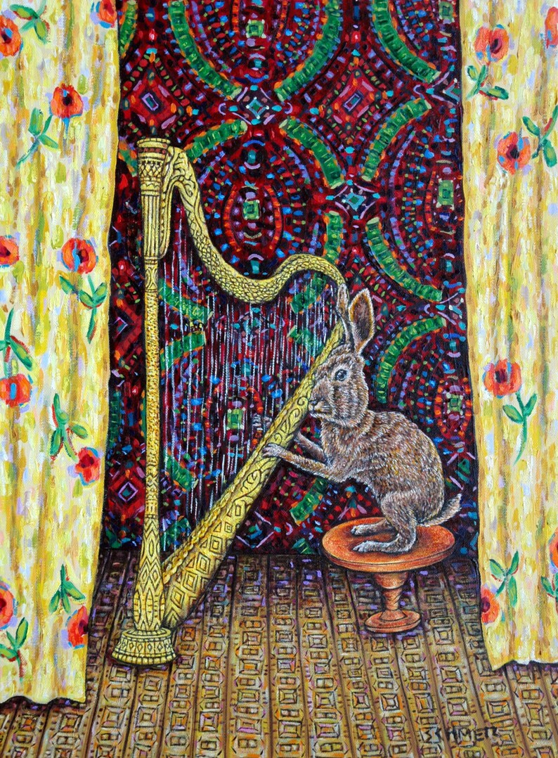 Bunny playing the harp rabbit art artwork decor animal