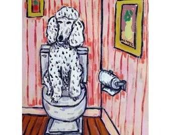 Poodle in the Bathroom Dog Art Print - 13x19 - matte or glossy - funny gift for dog lover